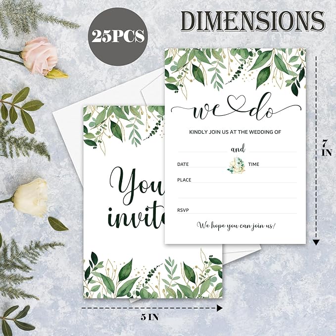 Greenery Wedding Invitations, 5"x 7" Eucalyptus Leaves Wedding Invites Card With Envelopes, 25 PCS for Party Decorations and Supplies - A12