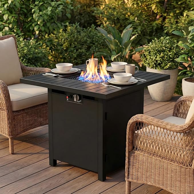 FansaFurn 30'' Propane Fire Pit Table, 50000 BTU Gas Fire Pits Table with Removable Lid and Lava Rock, Square Fire Table with Cover, Ideal for Dining or Party on Patio, Garden, Yard, Black