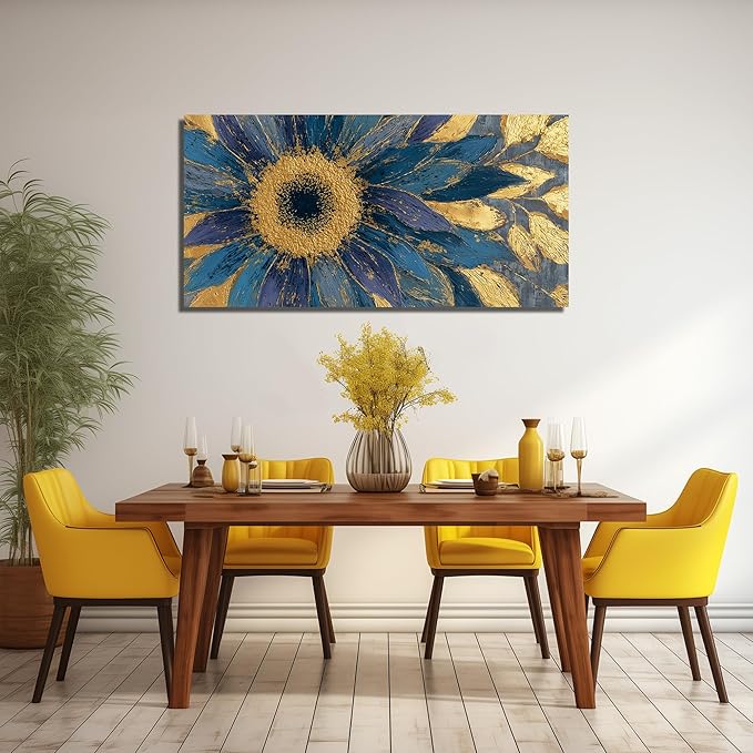 JuhaiArt Gold Wall Decor Blue Floral Wall Picture Canvas Sunflower Abstract Flower Wall Art for Living Room Bedroom Home Office 24" x 48"