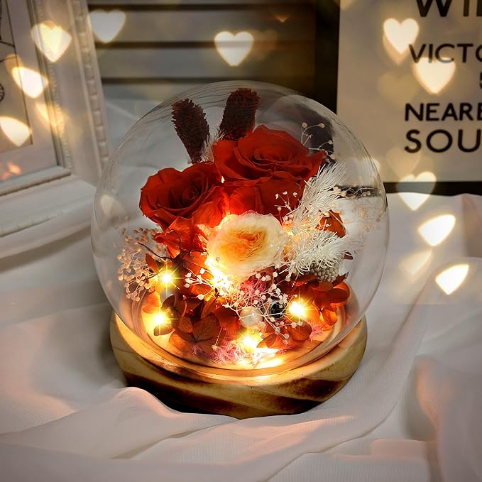 Preserved Flowers Bouquets Unique Rose Preserved Flower Gifts in Glass Dome for Women,Wife, Grandma Suitable for Birthday, Mother’s Day, Valentine’s Day, Anniversary, Christmas