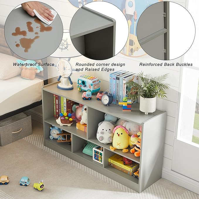 Kids Toy Storage Organizer, 5-Section Storage Cabinet for Organizing Books Toys, Wooden Bookshelf Daycare Furniture for School, Classroom Playroom, Nursery, Kindergarten (Gray)