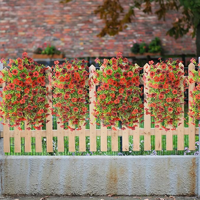 Artificial Fake Flowers Plants for Outdoor Fall Decoration, 2PCS Faux Mums Flowers for Outside UV Resistant Realistic for Porch Patio Garden Yard Balcony Home Decor(Red Brown)