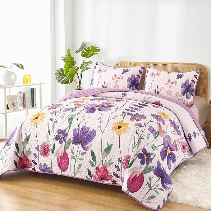 Anibedding Purple Quilt Set Queen, Floral Pattern Microfiber Bedspreads Queen Size 3 Pieces Lightweight Reversible Bedding Set with 2 Pillowcases(96"x90")