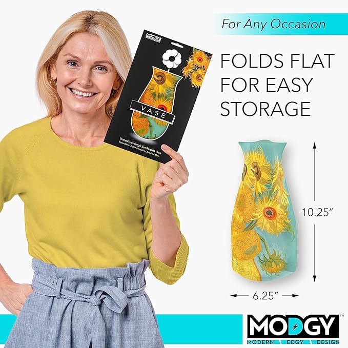 MODGY Collapsible and Expandable Plastic Flower Vase, Unbreakable, Foldable, Decorative Modern Centerpieces, Table Decorations, Van Gogh Sunflowers, 1 Pack