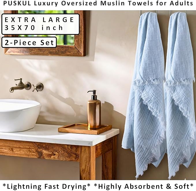 PÜSKÜL - Premium 2-Piece Oversized Muslin Bath Towel for Adult 35x70 Extra Large Bath Sheets | Natural 100% Turkish Cotton Soft Absorbent Quick-Dry Light Spa & Beach Towels (Pack of 2, Ice Blue)