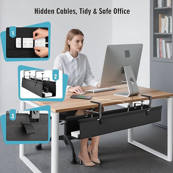 Desk Cable Management Tray, Fabric Cable Organizer, No Drill Large Clamp/Screw Mount Wire Organizer-Support Up to 30lbs, Standing Desk Cable Management for Office Home (Black,36 Inch)
