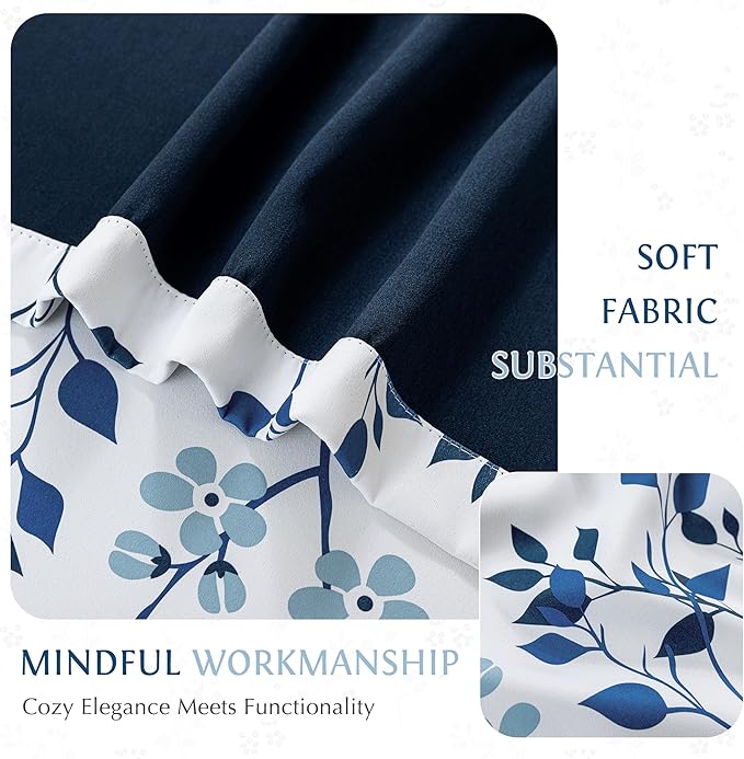 Beauoop Floral 100% Blackout Curtains 96 Inches Long 2 Panels for Bedroom Living Room Navy Blue and White Flower Patterned Room Darkening Thermal Soundproof Rod Pocket Back Tab Window Drapes, 52X96