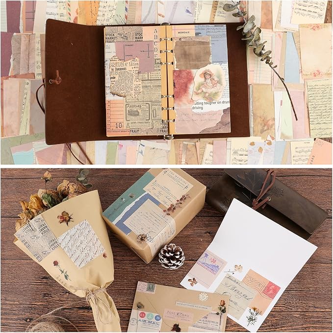 517 Pcs Vintage Scrapbook Paper,Scrapbook Supplies Stickers,Journaling Supplies Include 37 Pcs Flowers Stickers Aesthetic Journal Paper for Planner,Bullet Journaling,Junk Journal