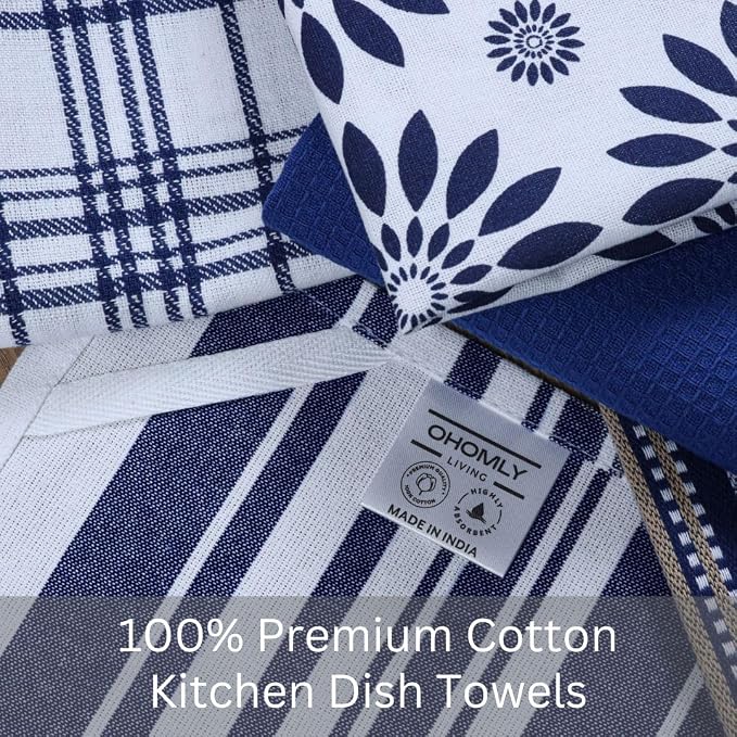Assorted Kitchen Towels Set of 5-100% Cotton Dish Cloths Towels with Hanging Loop - Soft, Absorbent & Washable for Kitchen Use - Quick Drying Dish Towels 16x26 Inch Blue
