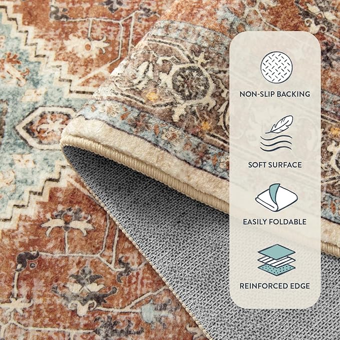 Lahome Oriental Small Rugs for Entryway, 2x3 Rug Non Slip Washable Fall Door Mat Indoor Entrance Ultra-Thin Vintage Soft Carpet for Kitchen Bedroom Front Door Bathroom, Orange/Multi