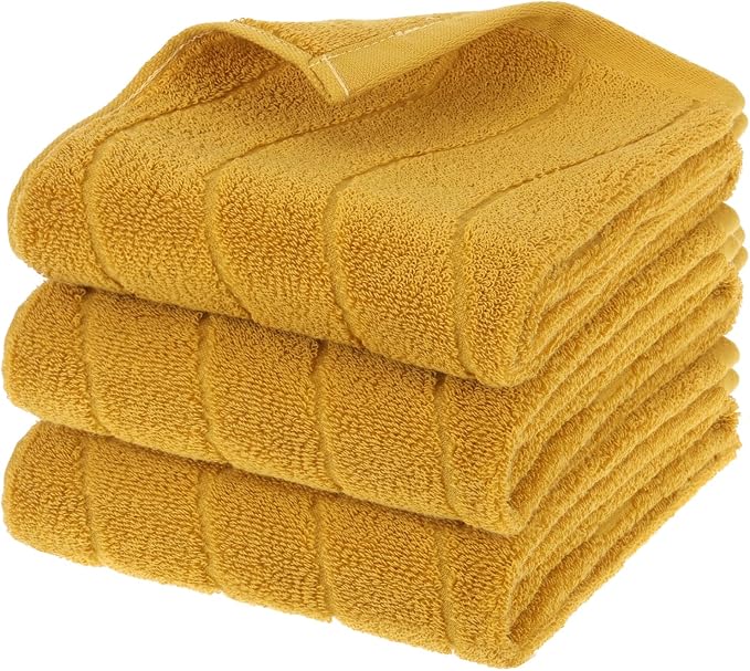 3 Pack Mustard Hand Towels Set, 100% Cotton Wavy Striped Jacquard Towels for Bathroom Kitchen 13.4 x 29.5 Inches (3 PCS Mustard)