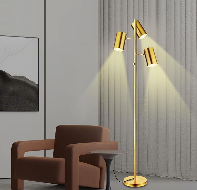 Ldeco Tree Floor Lamp for Living Room,Stepless Dimmable Gold Standing Tall Pole Lamp with 3 Bulbs,Modern Reading Floor Lamp for Living Room Bedroom Office,9W E26 LED Bulbs Includeds (Gold-Dimmable)