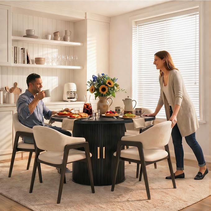 47" Round Dining Table for 4-6, Space-Saving Dining Room Table with Core Rolling Shutter Storage Shelf and Thick Tabletop, Wood Grain Dinner Table for Kitchen, Dining Room, Living Room, Black