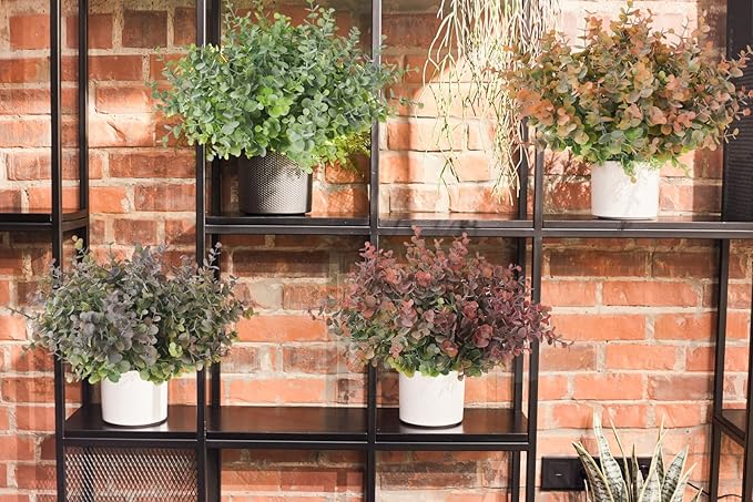 RECUTMS 8 Bundles Artificial Greenery Plants Stems Outdoor Fake Eucalyptus Plants Boxwood Bushes for Farmhouse Bathroom Office Vase Centerpiece Indoor Outdoor Decoration(Dusty Purple)