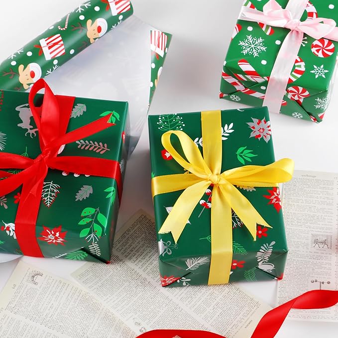 Miss DuiDui Green Christmas Wrapping Paper, 3 Rolls, 17 inch x 9.8 feet, Candy-Canes Santa Design for Girls Boys Kids, Christmas, Party, Holiday