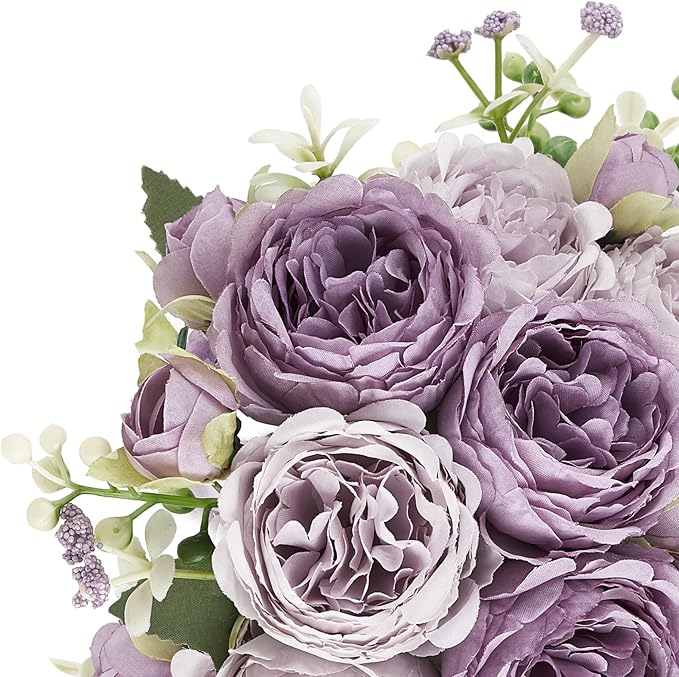 Mkono Peonies Artificial Flowers, Small Silk Flowers for Home Decor Indoor Fake Bouquet Faux Floral Arrangements Dining Table Centerpieces for Kitchen Bridal Wedding Party Decor Purple