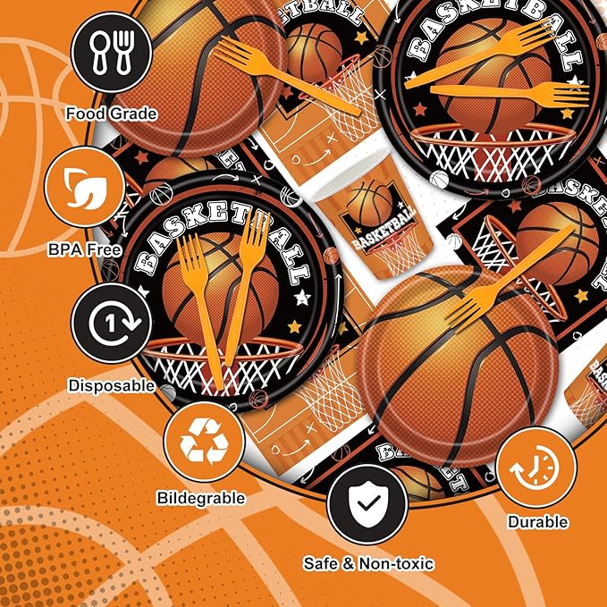123 PCS Basketball Party Decorations, Disposable Tableware with Plates Cups Napkins Banner Tablecloth for Thanksgiving Christmas Basketball Birthday Party Decor Supplies, Serves 24 Guest