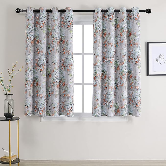 MYSKY HOME Floral Blackout Curtains 63 Inch Long Living Room Bedroom Curtains Thermal Insulated Privacy Protection Curtains Printed Flower Leaf Window Treatments, 2 Panels, Orange and Green