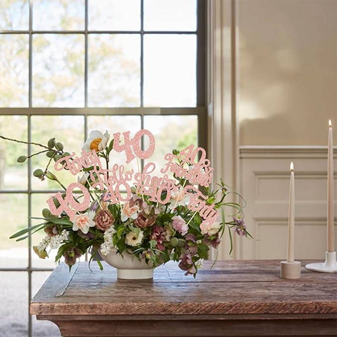 Gyufise 15Pcs 40th Birthday Centerpiece Sticks Forty Happy 40th Table Flower Centerpieces Sticks Cheers to 40 Floral Decorations for 40th Birthday Party Centerpieces Supplies Rose Gold