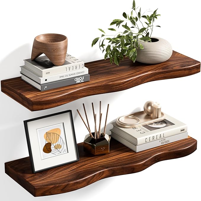 Floating Shelves for Wall 24 Inch Wooden Floating Shelves Live Edge Shelf with Unique Natural Grain Wall Mounted Rustic Pine Wood Shelf for Living Room Bedroom Kitchen Bathroom (Walnut Brown)