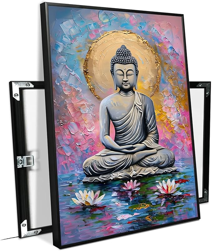 Lotus and golden Buddha meditation tranquil zen wall art mindfulness wall art for spiritual harmony and tranquility decor 8x12in Metal blackFramed