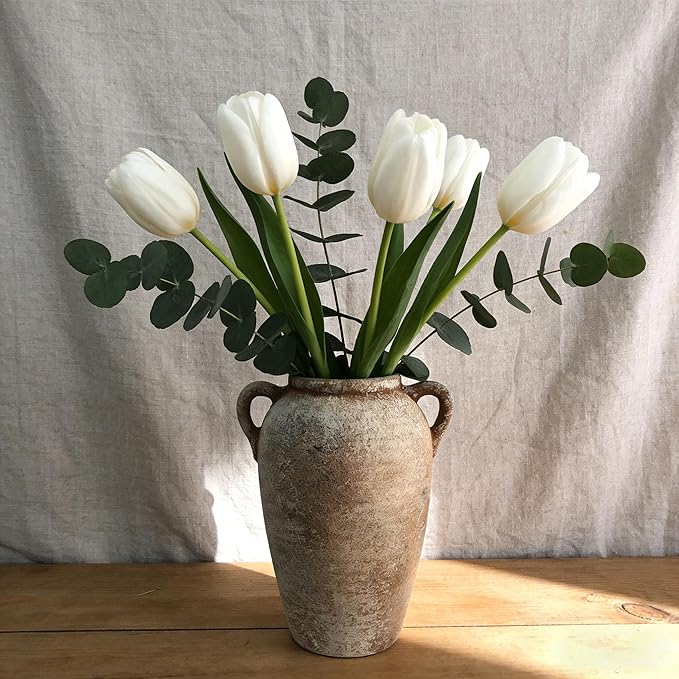 Ceramic Flower Vase with Handles Home Decor - 9 Inch Farmhouse Rustic Table Vases Living Room Decoration Decorative Vintage Pottery for Kitchen Shelf Dining Bookshelf Fireplace Centerpiece (Rustic-9")