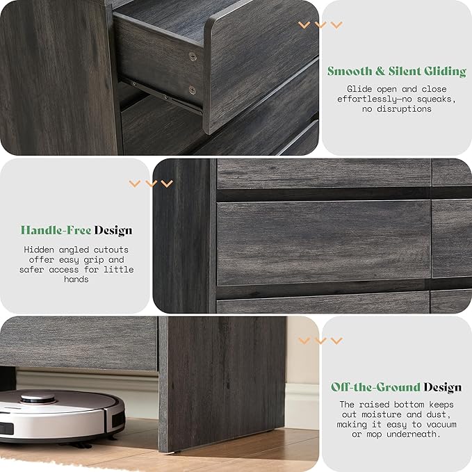 AMERLIFE 6 Drawer Dresser for Bedroom, 49" Wide Modern Chest of Storage Drawers with Rounded Corners, Anti-Tip Kit, Wood Cabinet Organizer for Closet, Living Room, Nursery, Easy Assembly, Black