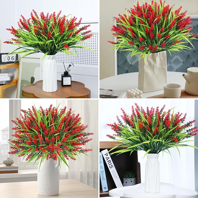 Ouddy Decor 24 Bundles Artificial Flowers for Outdoors, Fake Lavender Flowers Monkey Grass Faux Plastic Plants Shrubs UV Resistant for Porch Garden Window Box Office Home Decorations, Red