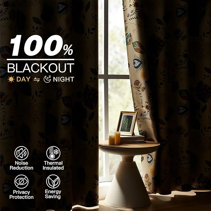 XiDi Beige Floral Curtains 90 Inches Long 2 Panels Vintage Patterned Blackout Curtains for Bedroom Living Room Thermal Insulated Grommet Rustic Luxury Colorful Botanical Flower Printed Drapes 52x90