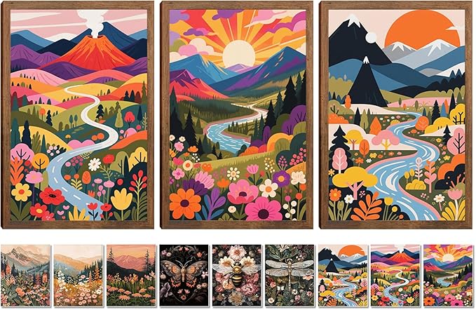 Nature Landscape Boho Wall Art Set of 3 12x16In Wood Framed,with 9 Bonus 8x10 Posters Prints, Abstract Ridge River Sunset Floral Canvas Paintings for Living Room Bedroom Office