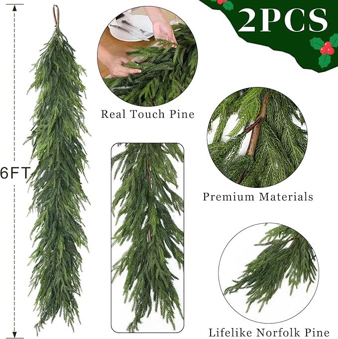6FT Real Touch Norfolk Pine Garland - Artificial Christmas Garland Fake Green Faux Pine Needles Garland for Table Fireplace Mantle Holiday Home Indoor Outdoor Decor (2PCS)