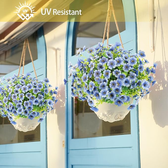 Artificial Flowers Outdoor Faux Plants UV Resistant Fake Patio Flowers Plastic Greenery Plnats Outside Bulk for Spring Garden Hanging Planter Home Vase Decor, 12 Bundles (Blue)