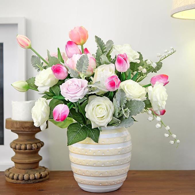 FiveSeasonStuff Real Touch Tulips Artificial Flowers – 15 Stems Faux Tulip Bouquet in Gift Box for Wedding, Home Decor, Party, Floral Arrangements (Creamy Pink)
