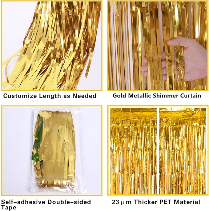 2 Pack Gold Fringe Curtain Backdrop, 3.2Ft x 8.2Ft Metallic Photo Booth Backdrop Tinsel Door Curtains for Birthday Baby Shower Anniversary Christmas New Year Eve Bachelorette Party Decorations