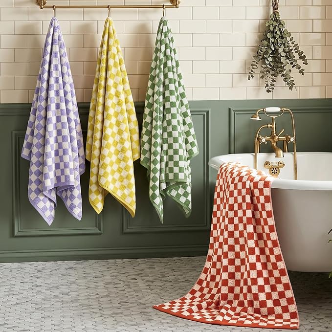 Jacquotha Checkered Bath Towels Set of 4-100% Cotton Towels for Bathroom, Shower, Pool & Beach (Purple, Yellow, Green, Orange), 520GSM