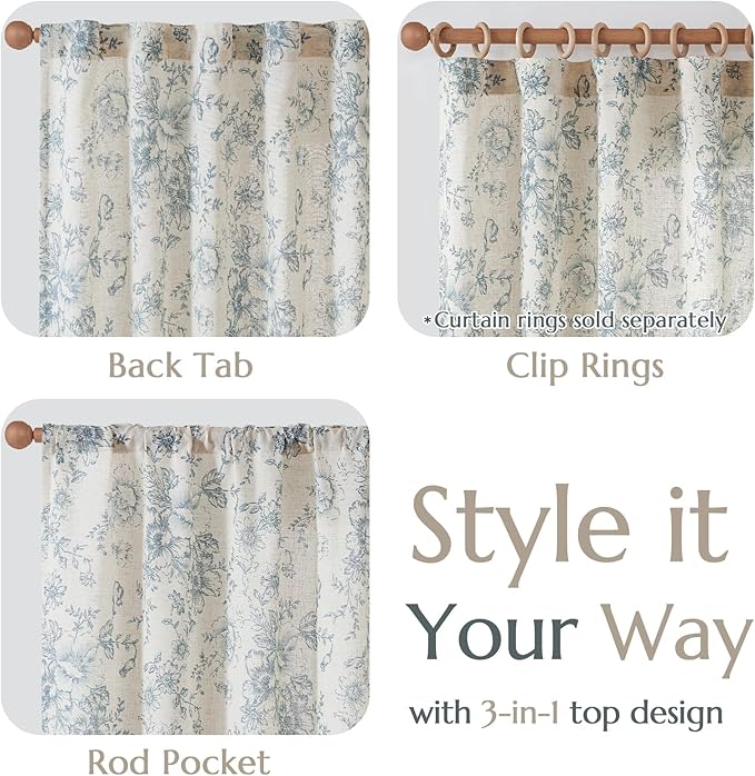 jinchan Linen Floral Curtains Extra Wide for Patio Sliding Glass Door Room Divider Curtain for Living Room 108 Inch Length Farmhouse Peony Blue Printed Curtain Set 1 Panel