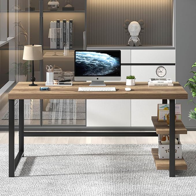 FOLUBAN 60 Inch Home Office Desk, Large Computer Desk with Storage Shelves, Modern Wood and Metal Writing Study Gaming Table Workstation for Living Room, Rustic Oak
