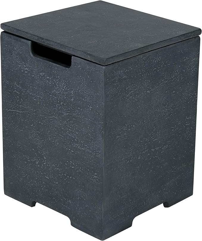 AMS Fireplace | Elementi Square Travertine Dark Grey Propane Tank Cover | Marble Porcelain Top with Concrete GFRC Base | 15.9 × 15.9 × 20 inches | Suited For Positano Dark Grey Fire Pit Table