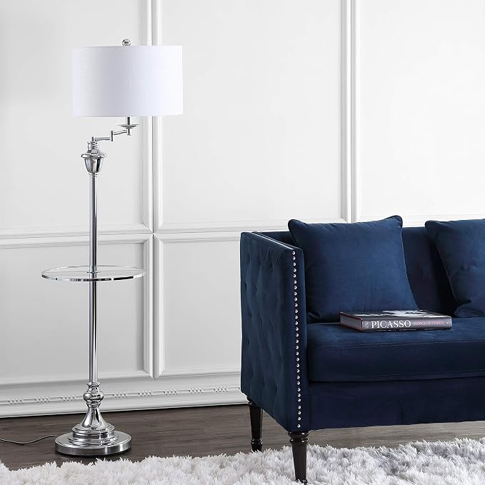 JONATHAN Y 60" Chrome Floor Lamp with Integrated Glass Side Table, Modern Swing Arm Standing Lamp for Living Room, White Linen Shade, LED Bulb Included (JYL3055B)