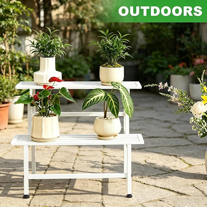 Dipion Metal Plant Stand Outdoor Plant Shelf Indoor,2 Tier Heavy Duty Ladder Plant Stands for Multiple Plants,26" L x 20.25" H x 17.75" W,White