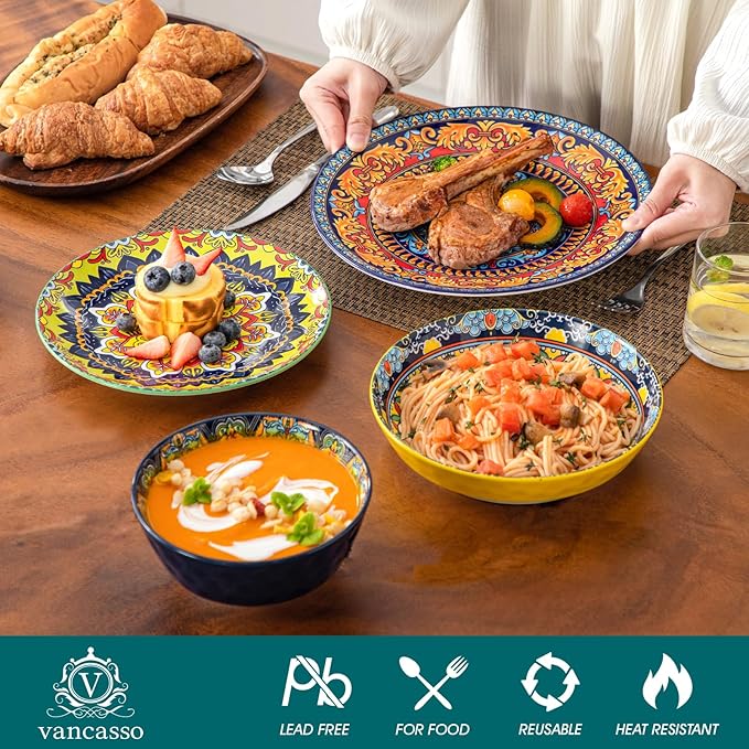 vancasso 16 Pieces Plates and Bowls Set, Bohemian Style Dinnerware Sets Service for 4, Porcelain Boho Dishes Set for Kitchen, Housewaring Gift, Dishwasher and Microwave Safe, Series KRVI