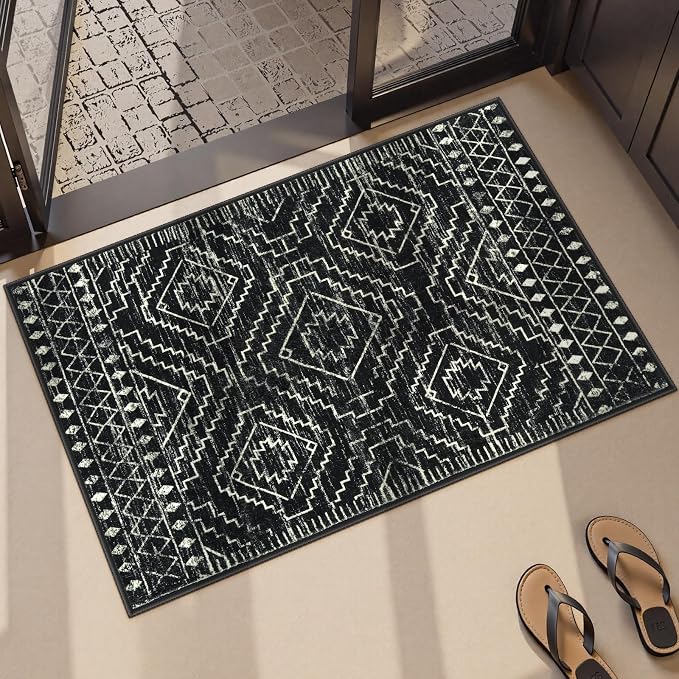 Wonnitar Moroccan Bathroom Rug,Washable 2x3 Small Bath Mat, Boho Tribal Soft Kitchen Sink Mat, Non-Slip Geometric Entry Way Rug, Low-Pile Indoor Carpet for Bedside Entrance Laundry (Black,2'x3')