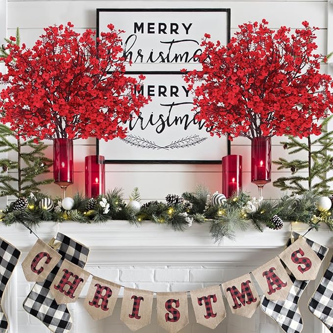 Yastouay Red Artificial Christmas Flowers, 10Pcs Real Touch Babys Breath Artificial Flowers Bulk, Fake Flowers for Vase Faux Flowers for Christmas Spring Decor Floral Arrangement