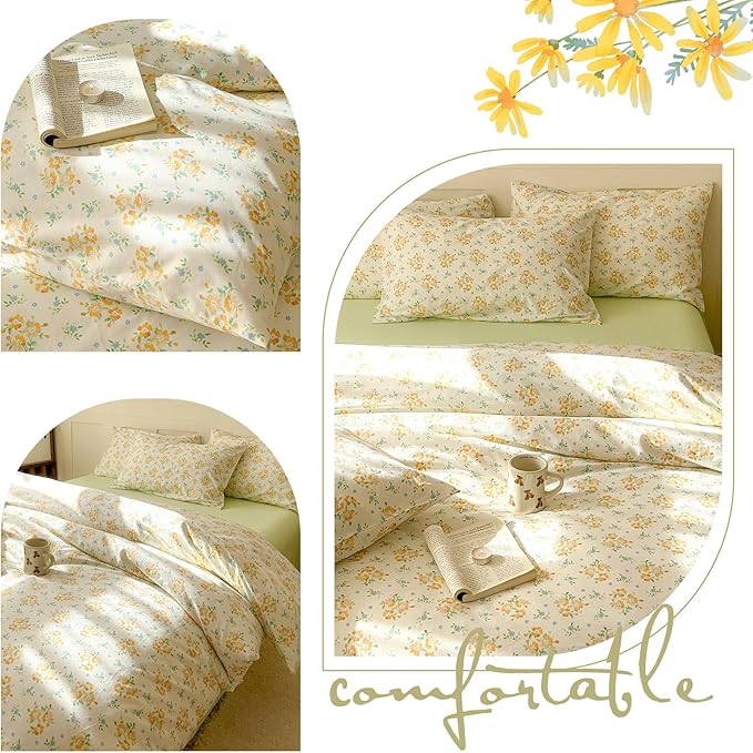 EAVD Chic Shabby Small Yellow Floral Duvet Cover Queen Soft 100% Cotton Garden Floral Bedding Set with 2 Pillowcases Reversible Floral Cottagecore Bedding Set with Zipper Closure