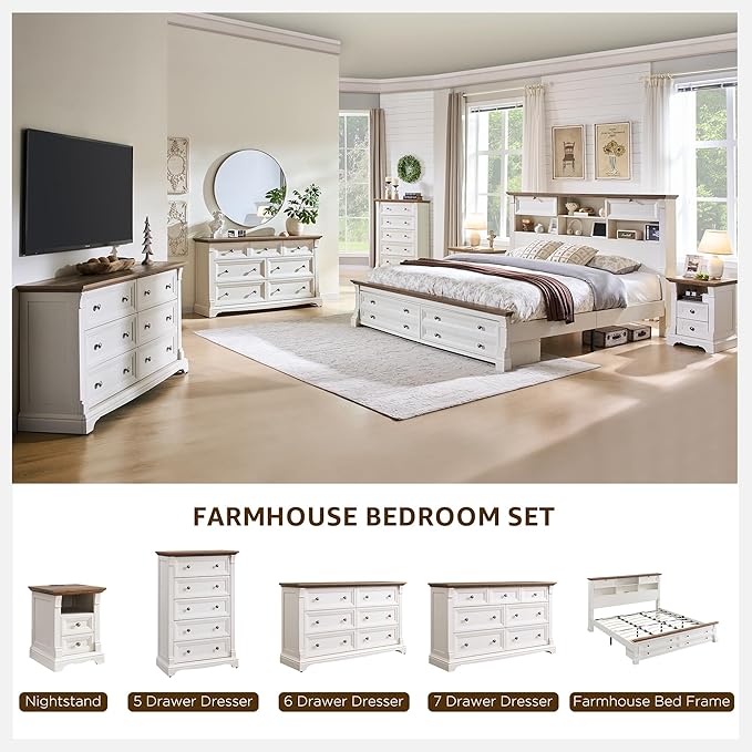 Farmhouse 6 Drawers Dresser for Bedroom, 54" Wide Large Dressers & Chests of Drawers w/Roman Column, Wooden Dresser TV Stand with Large Drawers for Nursery Bedroom Living Room Hallway, Antique White