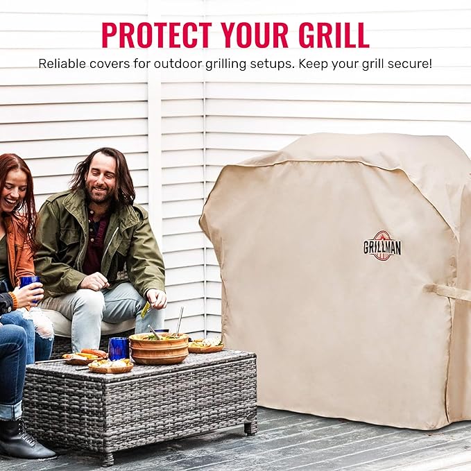 Grillman Grill Cover, BBQ Outdoor Grill Covers, Charcoal, Gas Grills, Waterproof, Rip-Proof, Weather-Resistant, Anti-UV, Barbecue Cover for Weber, Genesis, Charbroil, Nexgrill, etc (Tan, 60 Inch)