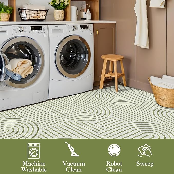 9x12 Area Rug Washable Modern Abstract Rugs for Living Room Non Shedding Soft Bedroom Boho Carpet Ultra-Thin Low Pile Living Room Floor Covers Abstract Lines Carpet for Playroom Kids Room, Green
