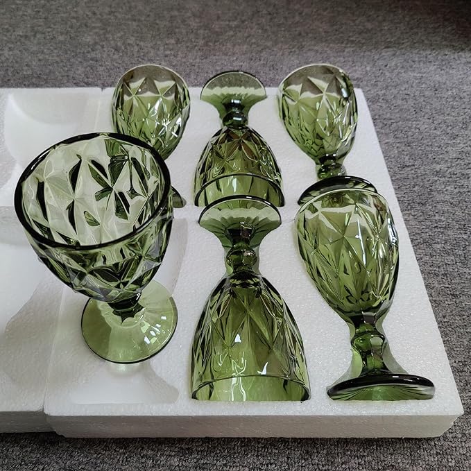 Taganov Green Drinking Glasses Wine Goblets set of 6 Colored Vintage Glassware 10 OZ for Wedding Party Bar New Year Christmas