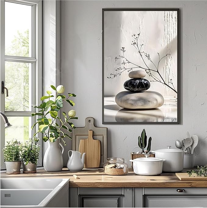 Gray and black stone pile and dried flowers poster canvas wall art in harmony Minimalist wall art for tranquil homes and mindful spaces 8x12in Metal blackFramed