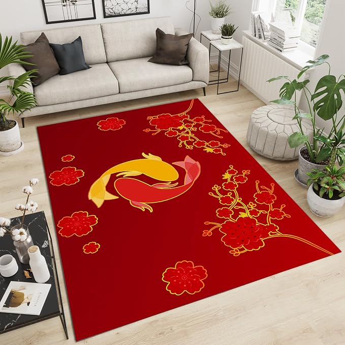 Chinese Style Koi Area Rug, Red Background Plum Blossom Non Slip Accent Rug, Machine Washable Durable Carpet for Indoor Bedroom Living Room Office Decor Rug - 3 ft x 4 ft